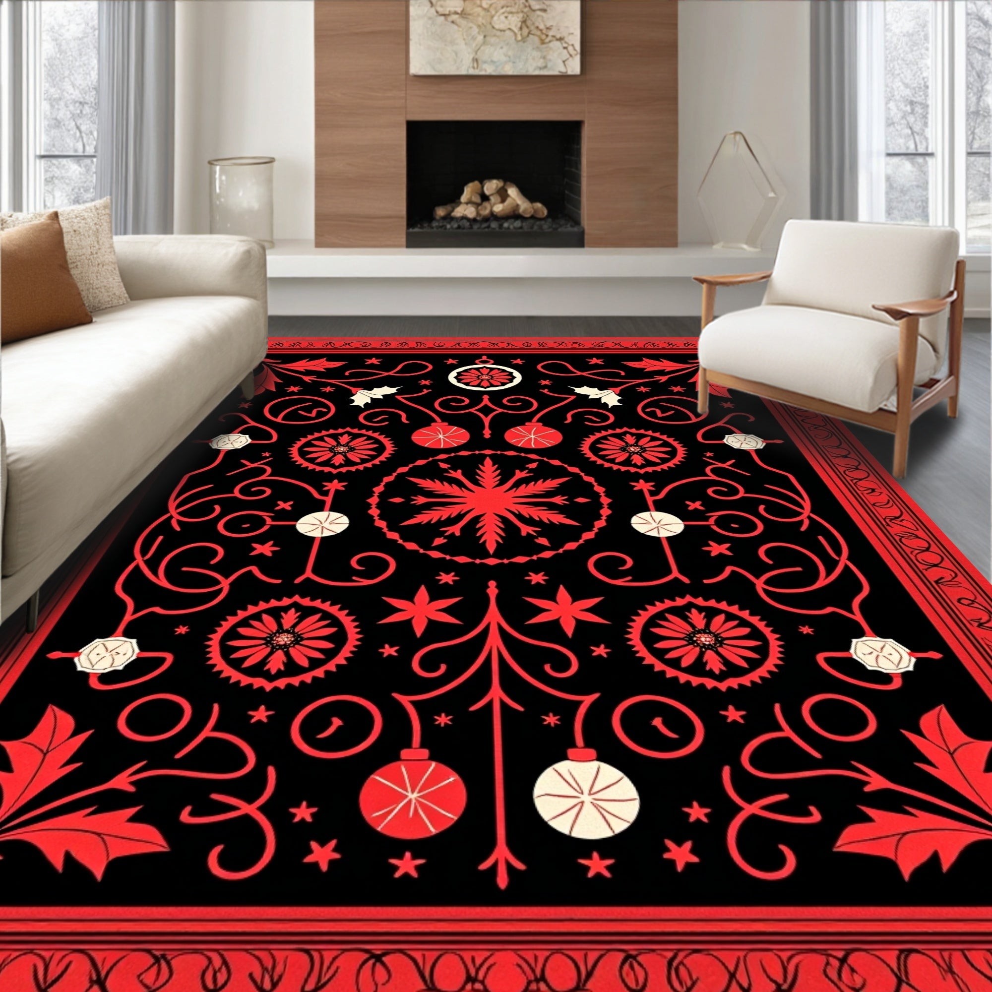 Crimson Red Festive Ornate Christmas Rug