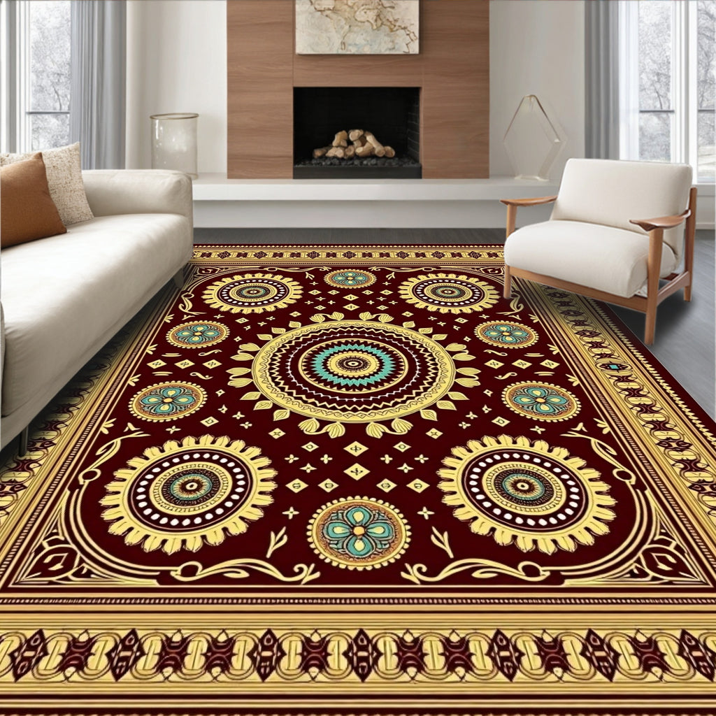 Burgundy Golden Teal Mandala Floral Rug