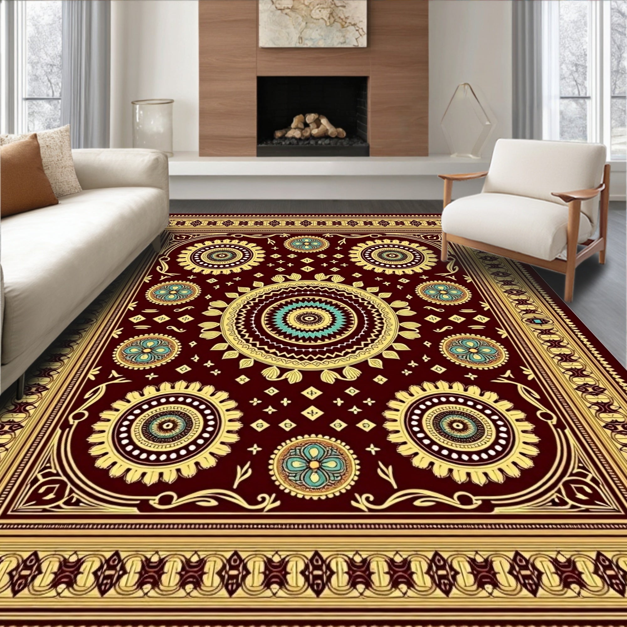 Burgundy Golden Teal Mandala Floral Rug