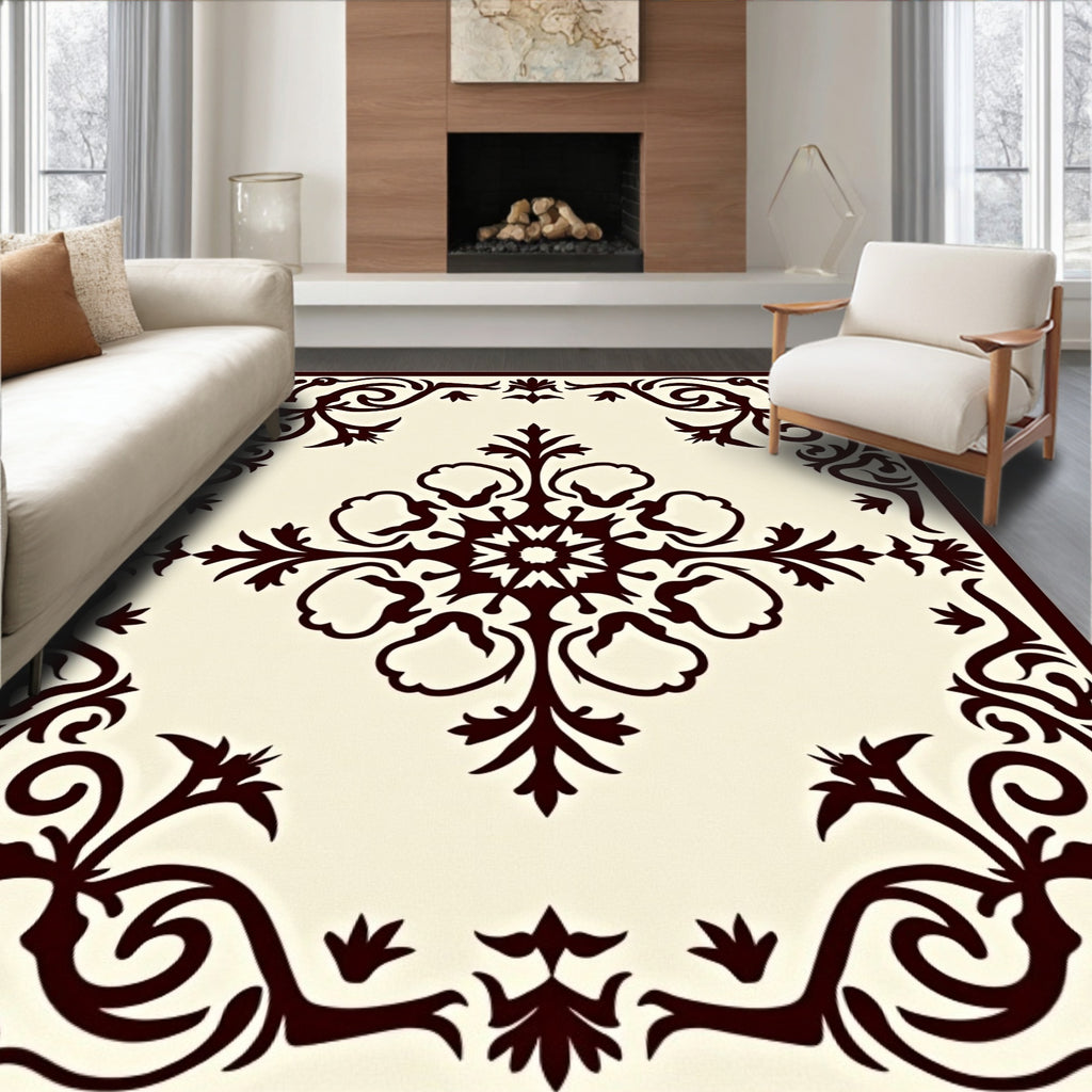 Brown Floral Scroll Medallion Rug