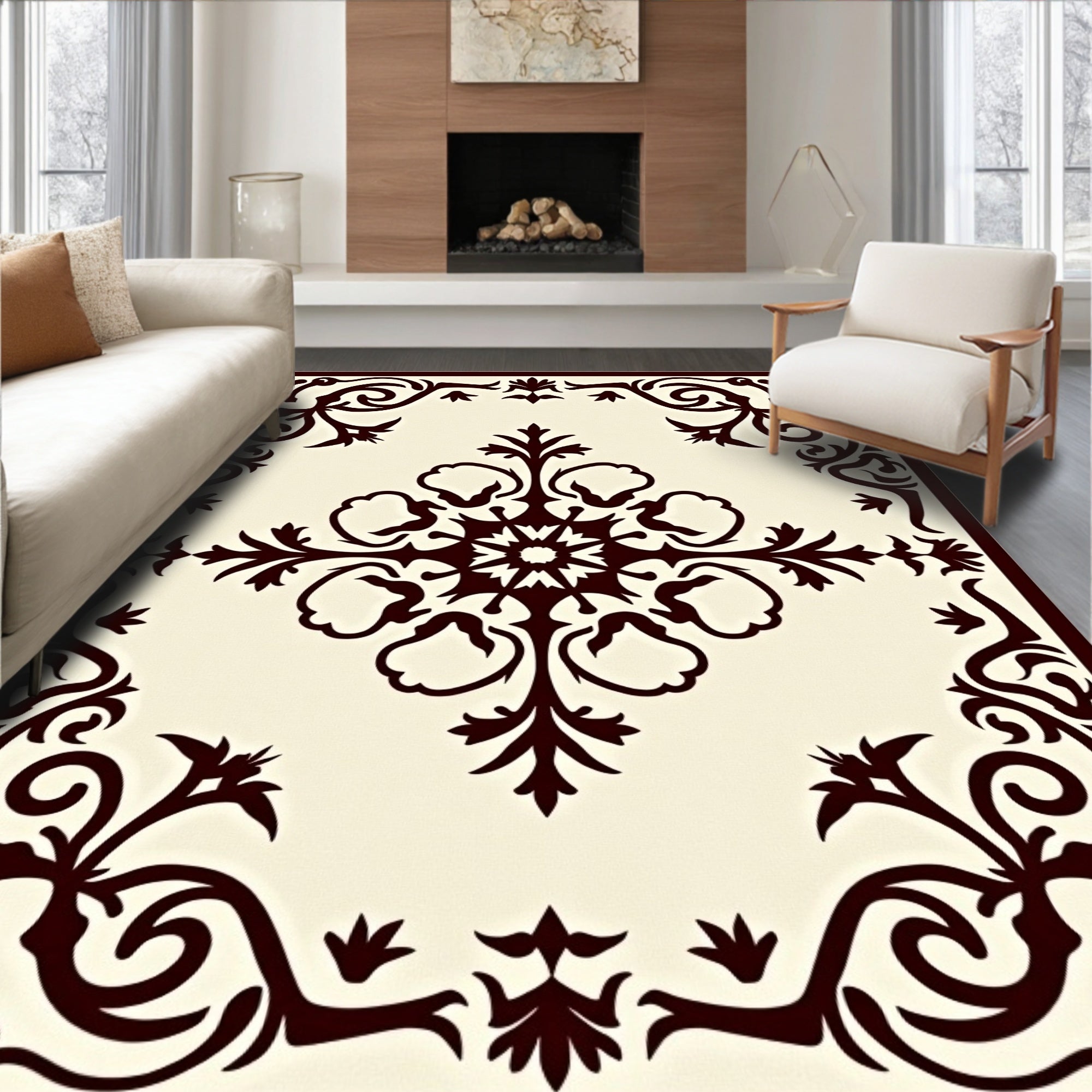 Brown Floral Scroll Medallion Rug