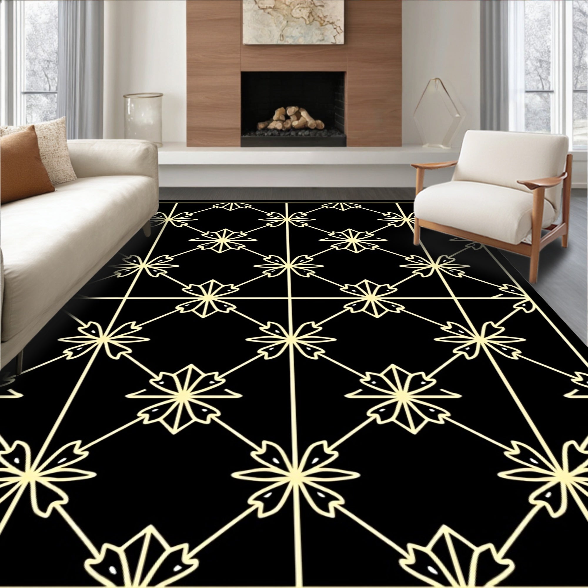 Cream Floral Diamond Lattice Black Rug