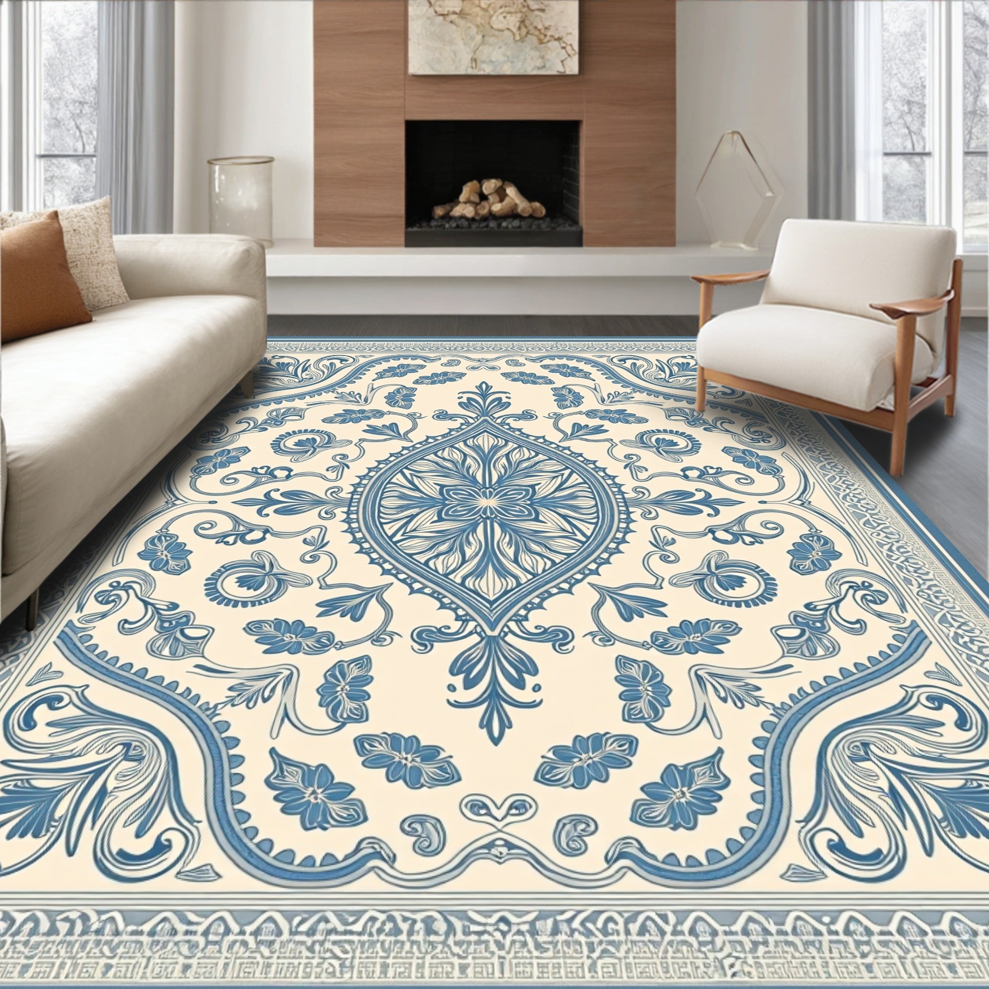 Elaborate Blue Floral Medallion Cream Rug