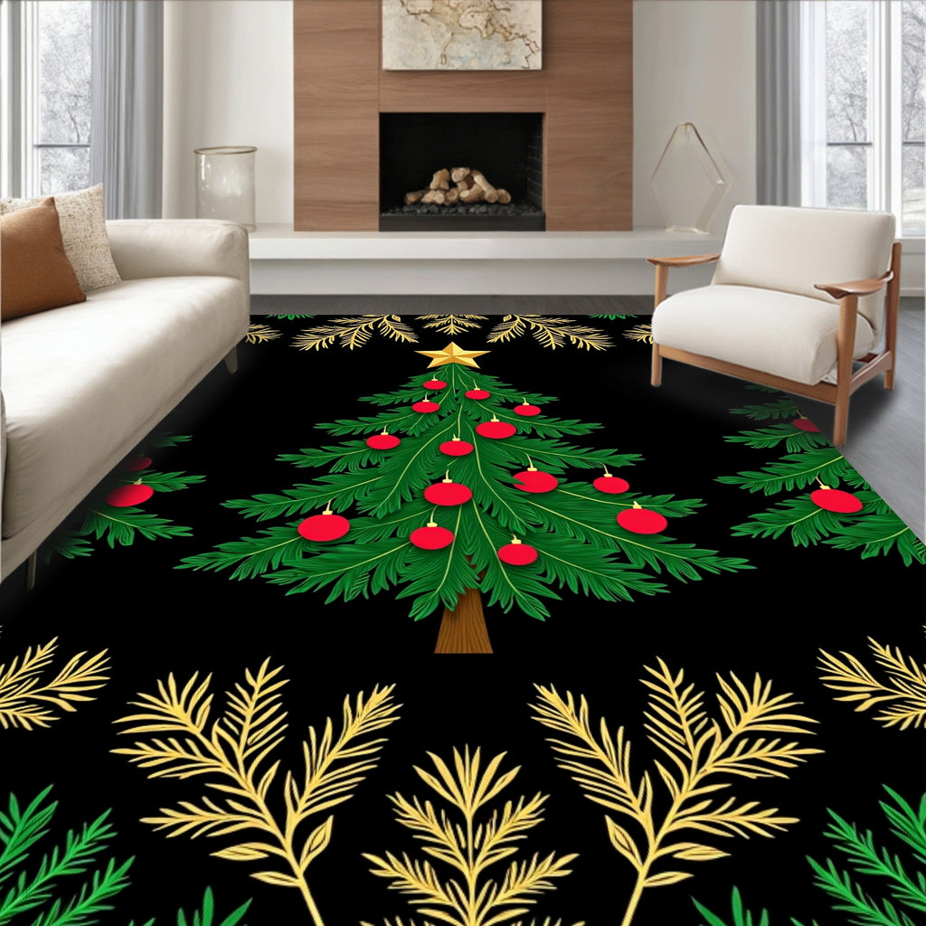 Green Pine Trees With Gold Star And Orbs Rug