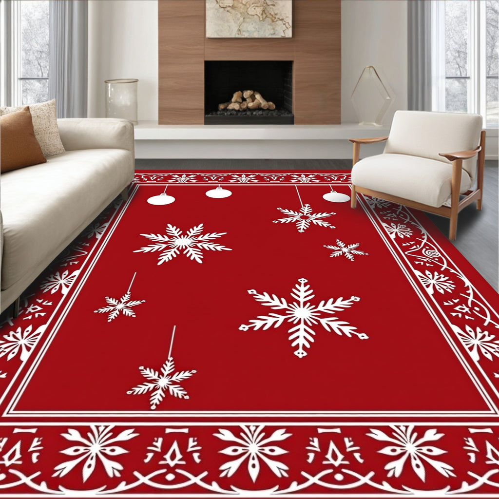 Crimson White Snowflake Holiday Ornaments Rug