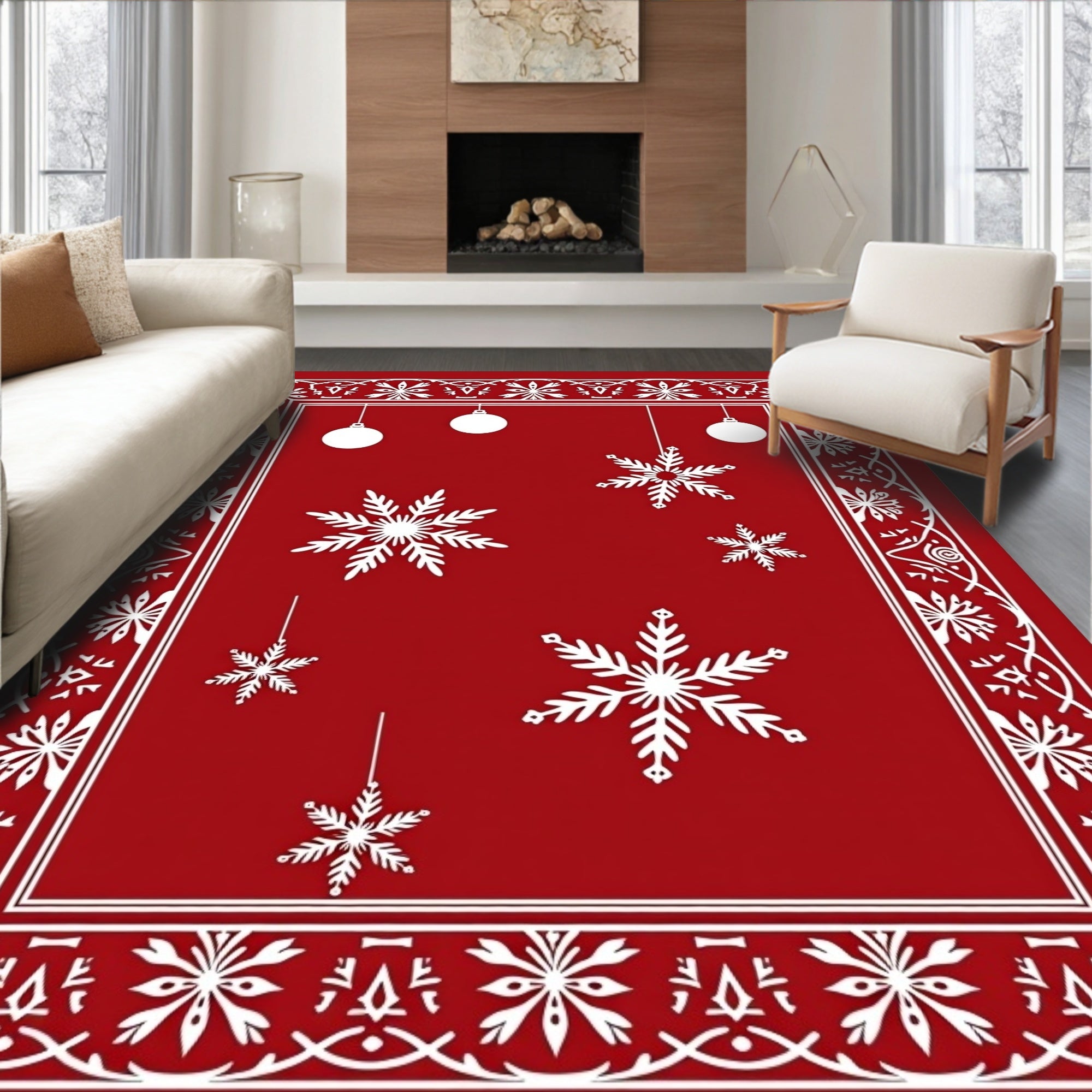 Crimson White Snowflake Holiday Ornaments Rug