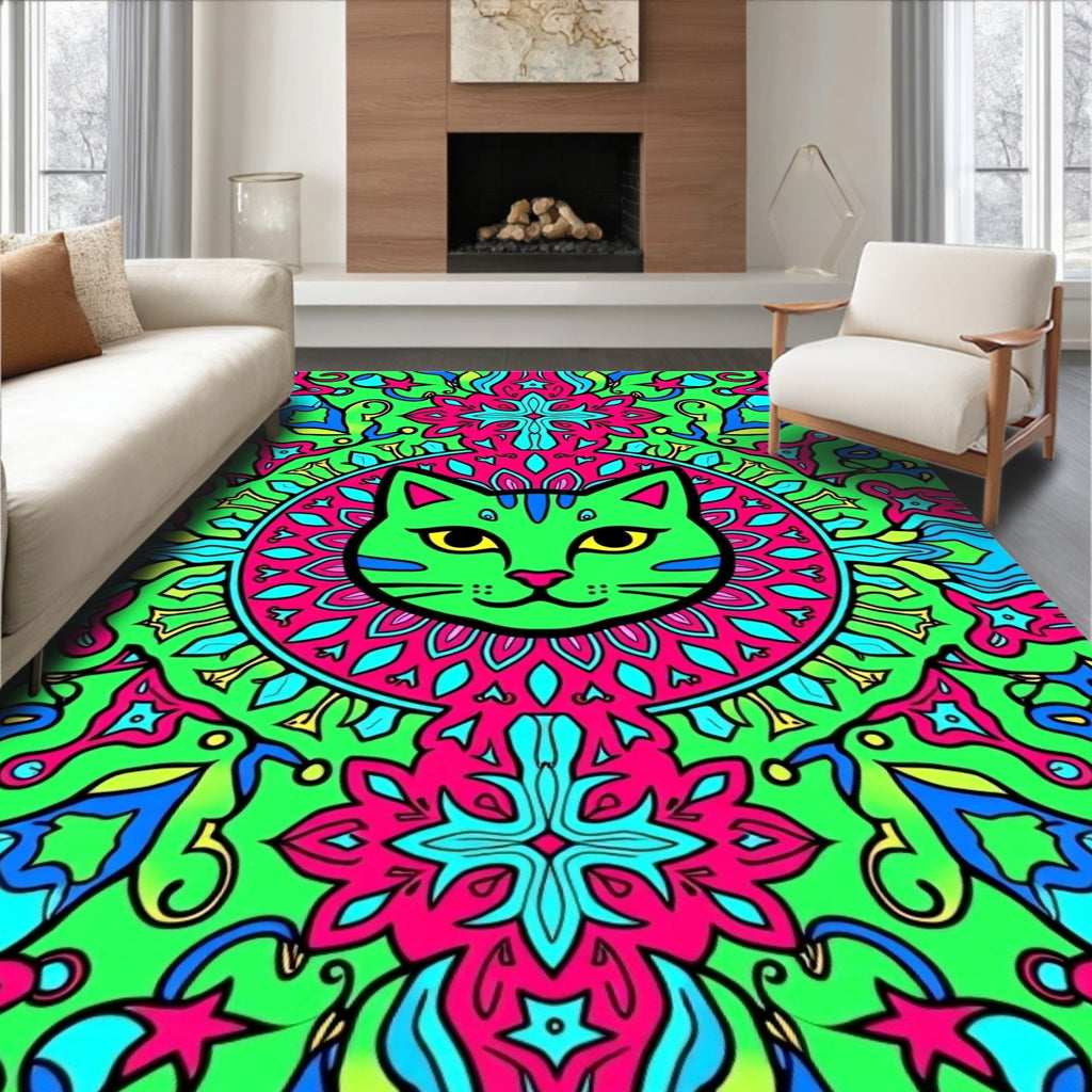 Vibrant Neon Green Cat Medallion Rug