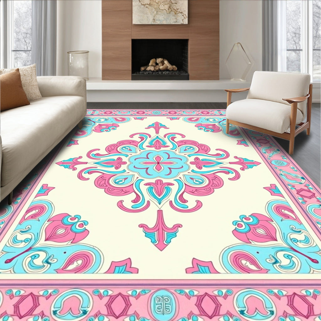 Whimsical Pink Cyan Floral Medallion Rug