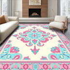 Whimsical Pink Cyan Floral Medallion Rug