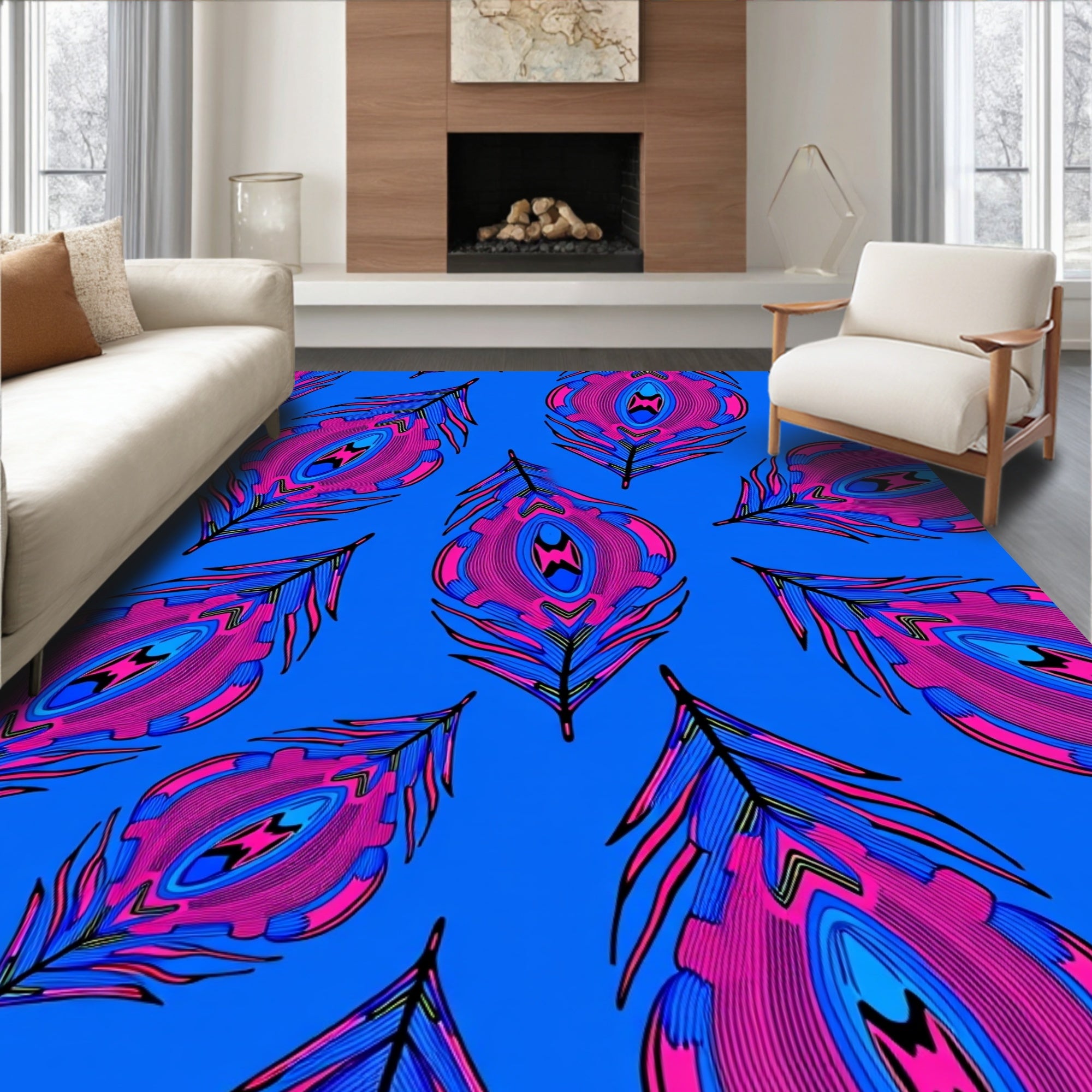 Vibrant Pink Blue Peacock Feather Rug
