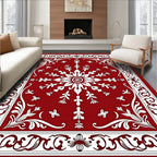 Crimson White Floral Snowflake Border Rug
