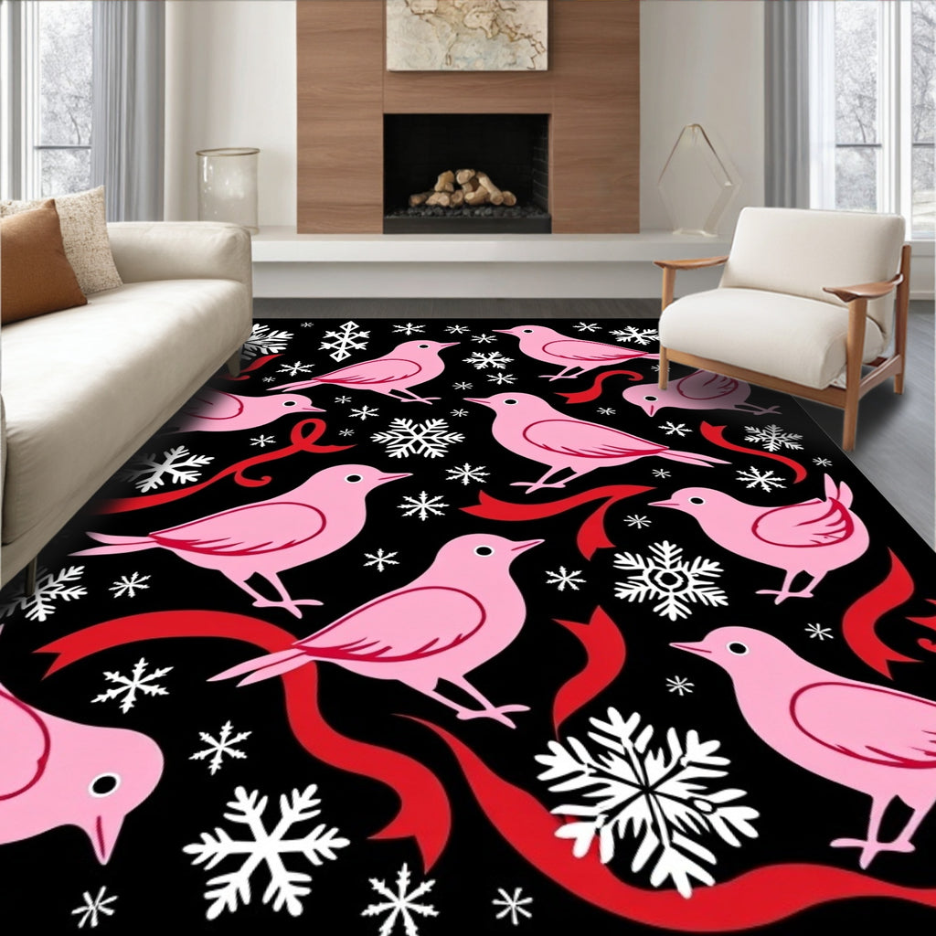 Pink Birds Red Ribbons Snowflakes Rug