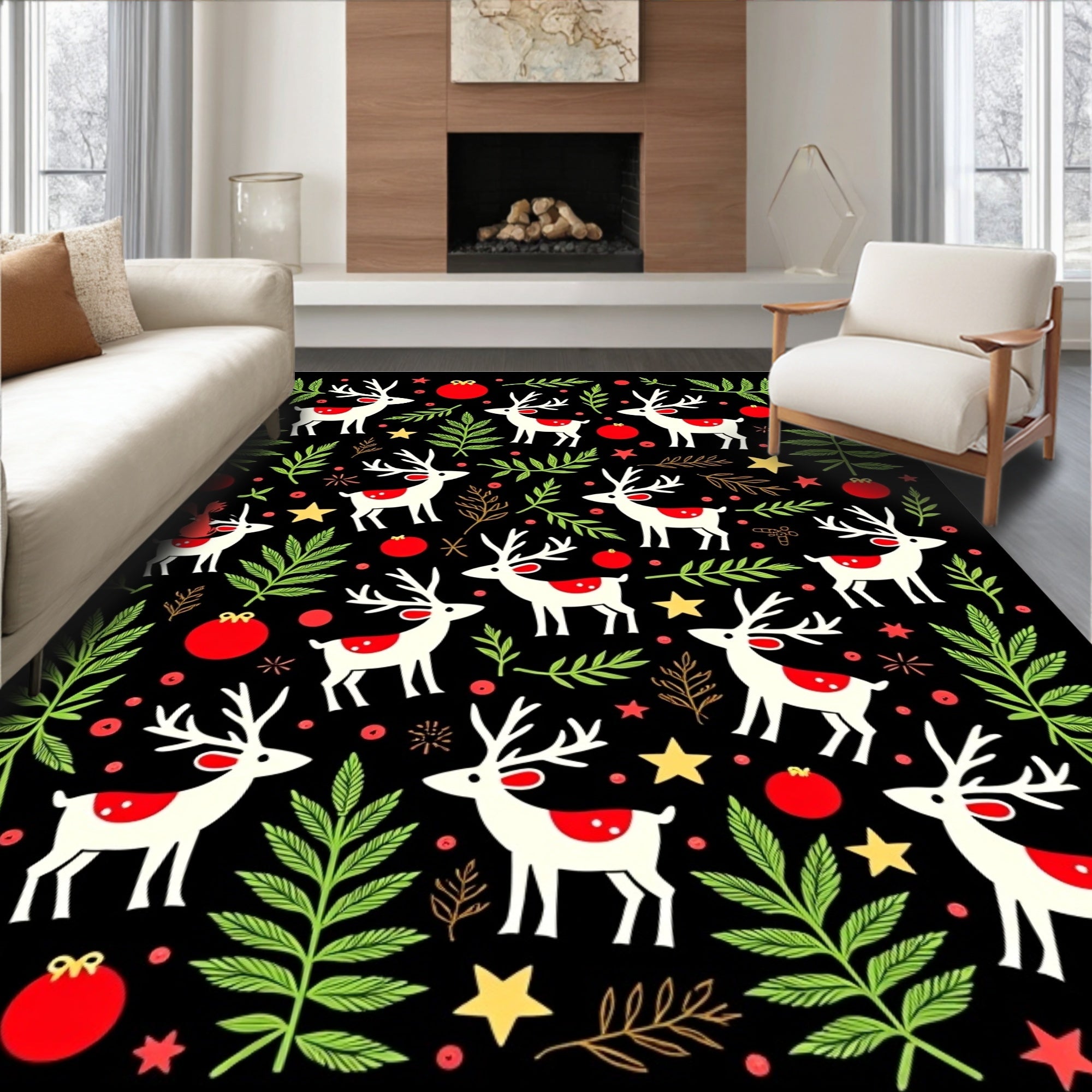 Festive White Reindeer Red Ornaments Holly Rug