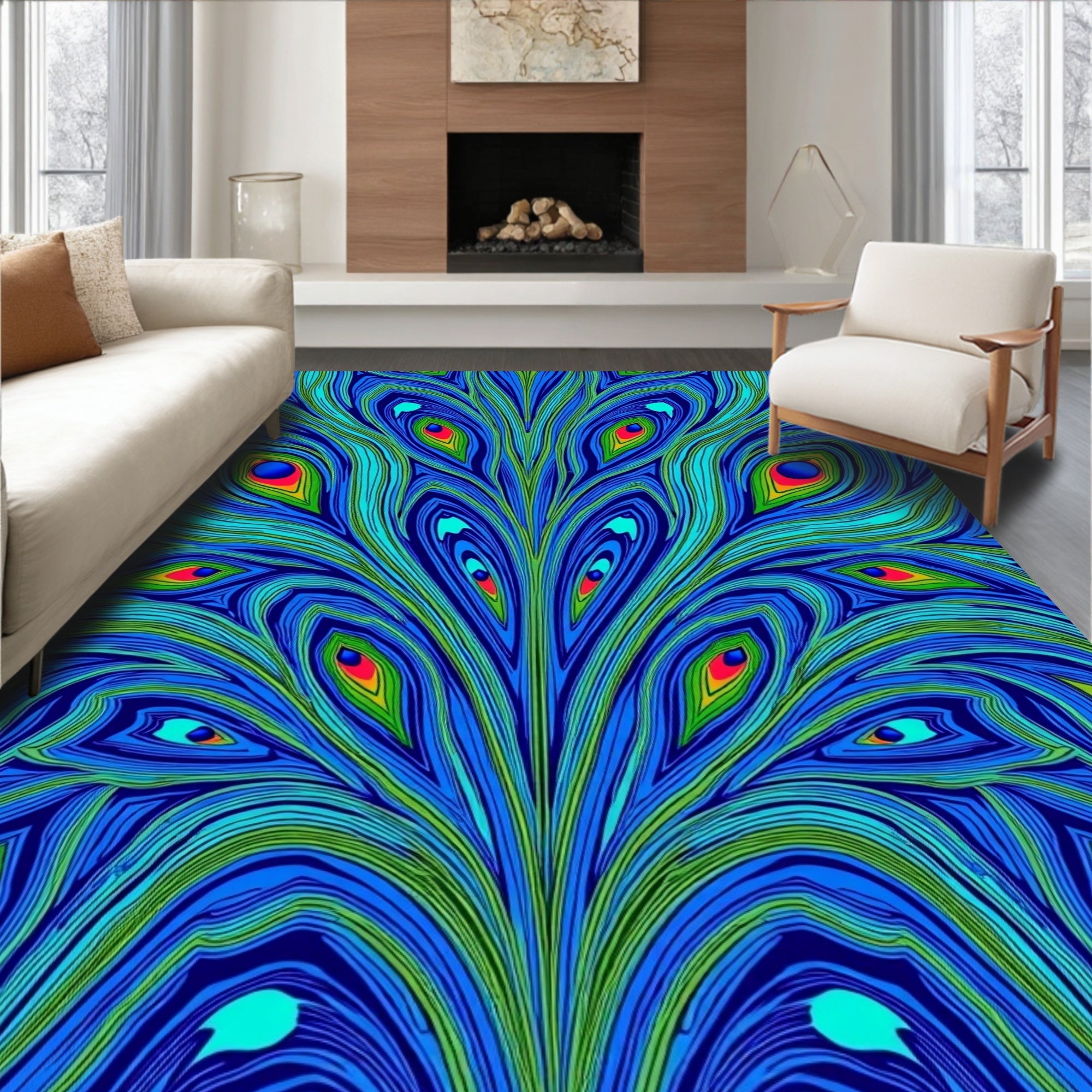Vibrant Blue Emerald Peacock Feather Rug