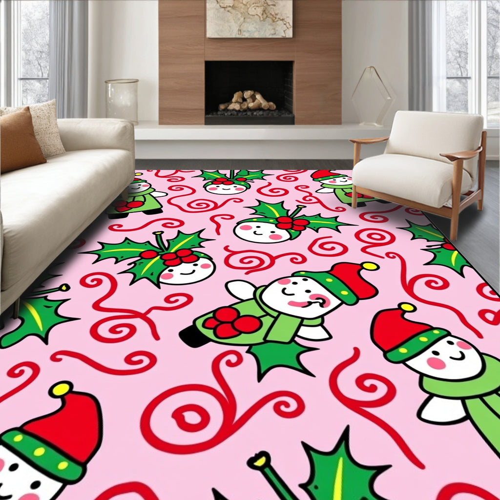 Pink Christmas Elves Holly Swirls Rug