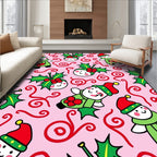 Pink Christmas Elves Holly Swirls Rug