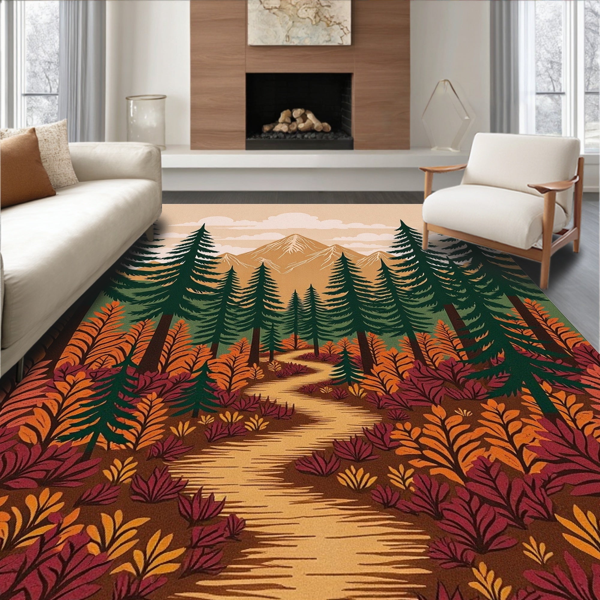 Autumn Forest Path Mountain View Rug