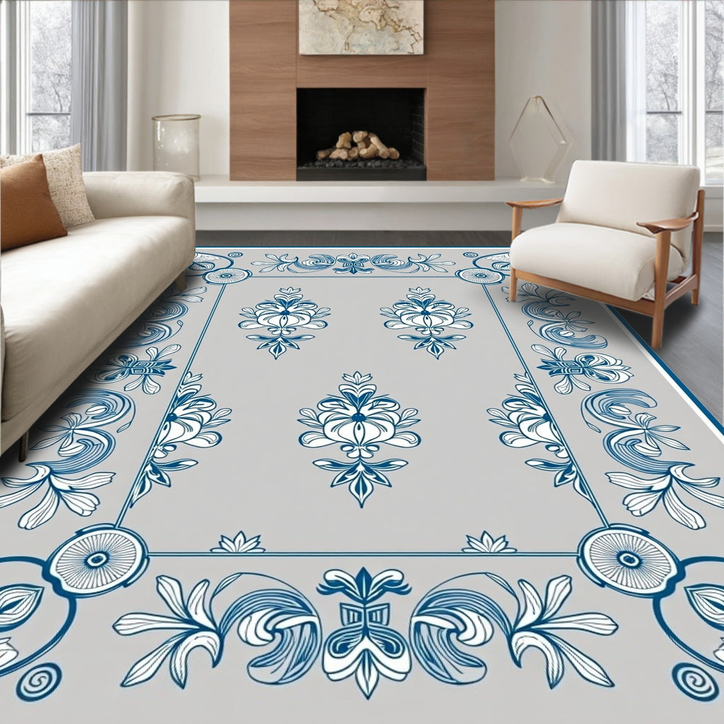 Faded Blue Floral Ornamental Frame Rug