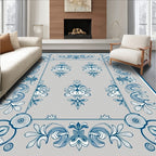 Faded Blue Floral Ornamental Frame Rug