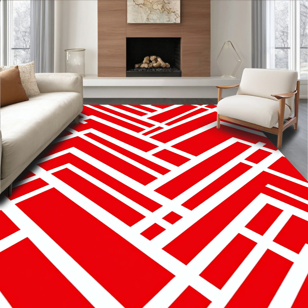 Bold Red Geometric Interlocking Lines Rug