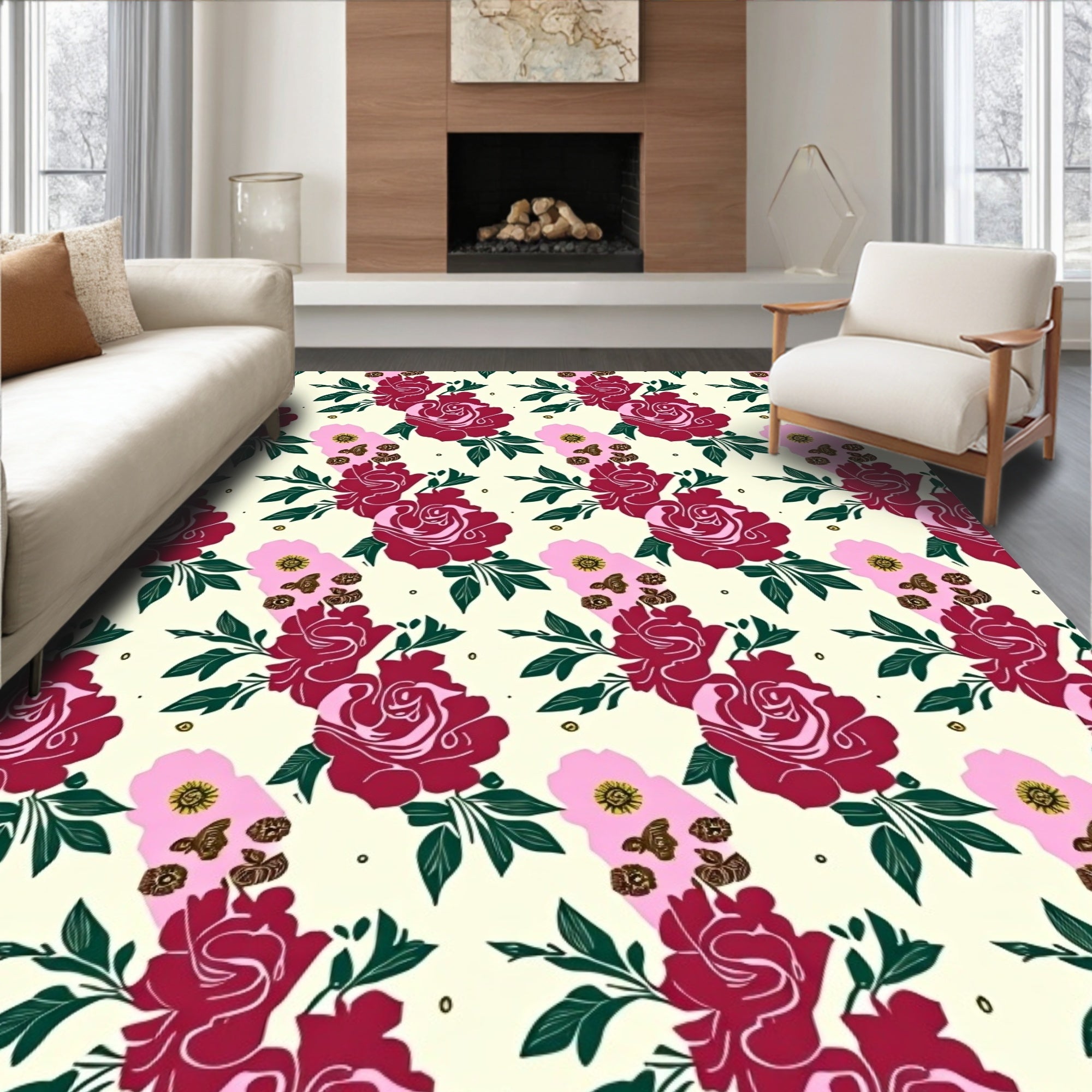 Crimson Rose and Pink Flower Garland Rug