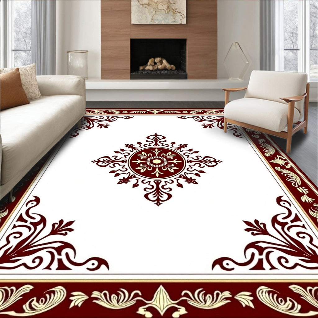 Ornate Crimson Floral Medallion Border Rug