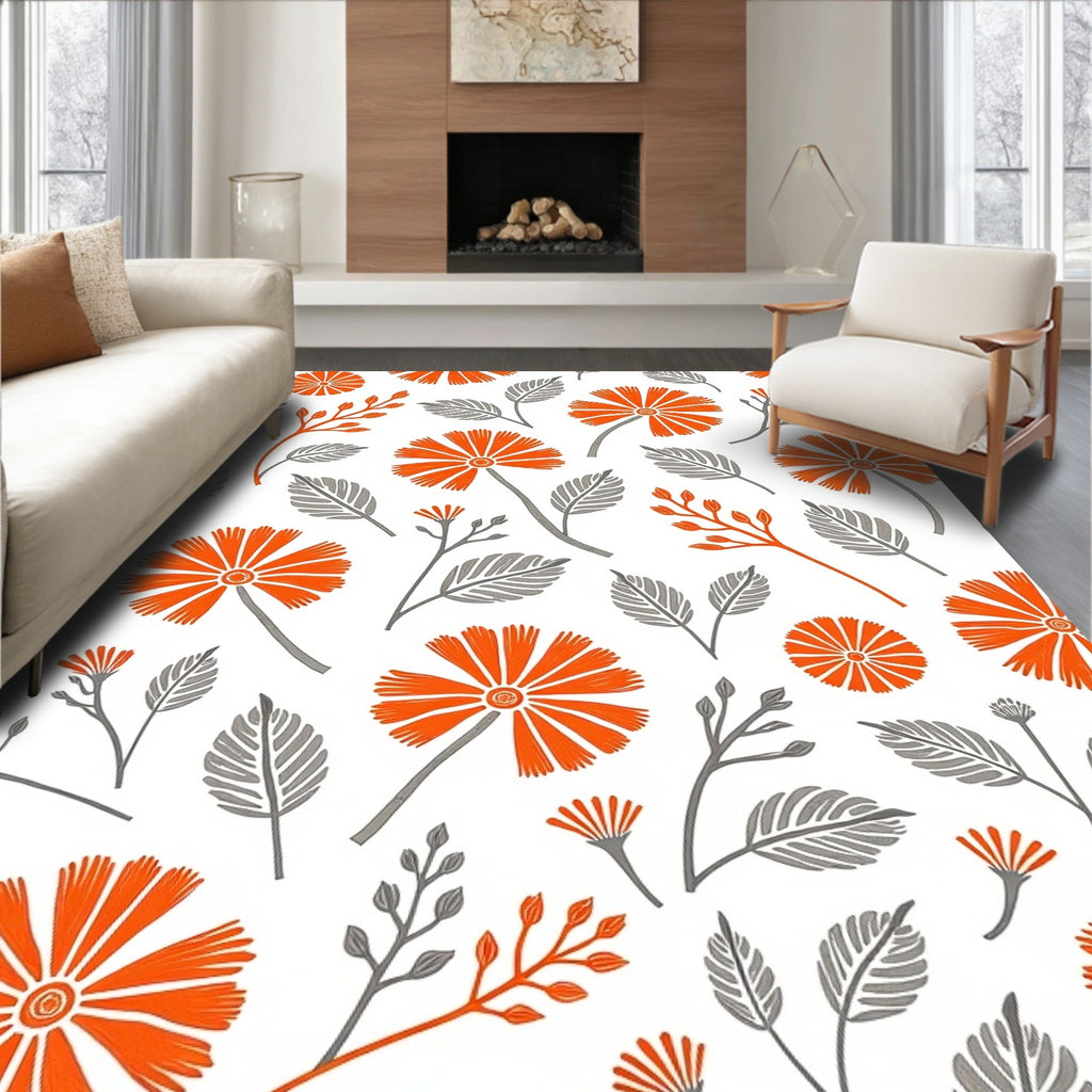 Bright Orange Floral Branches Gray Leaves Rug