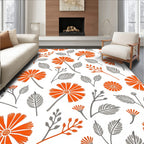 Bright Orange Floral Branches Gray Leaves Rug