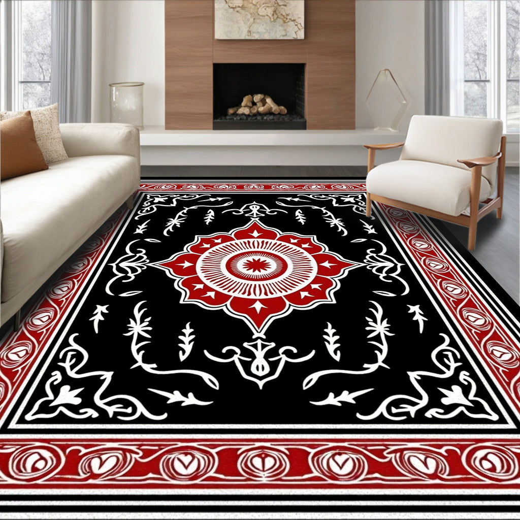 Crimson White Floral Medallion Black Rug