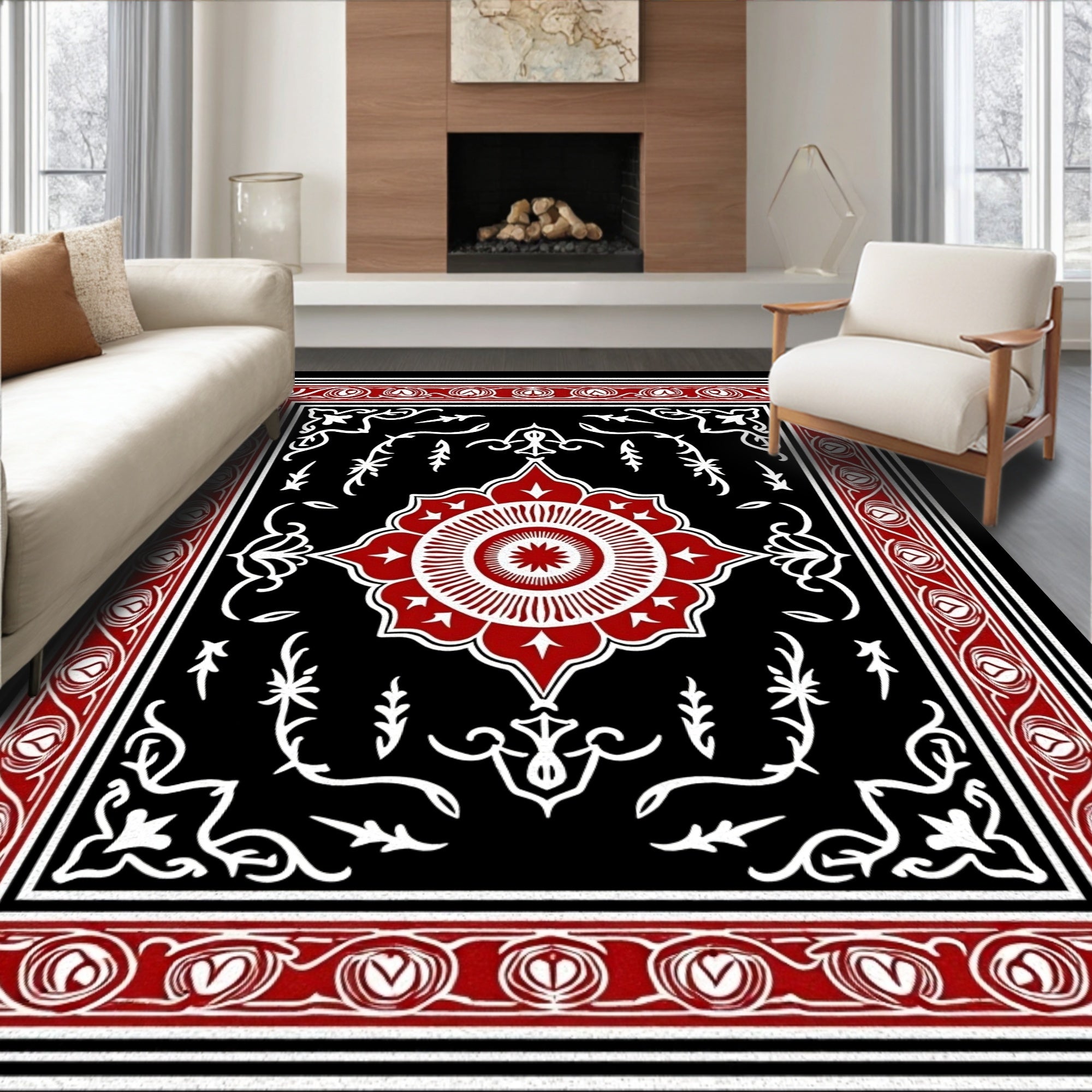 Crimson White Floral Medallion Black Rug