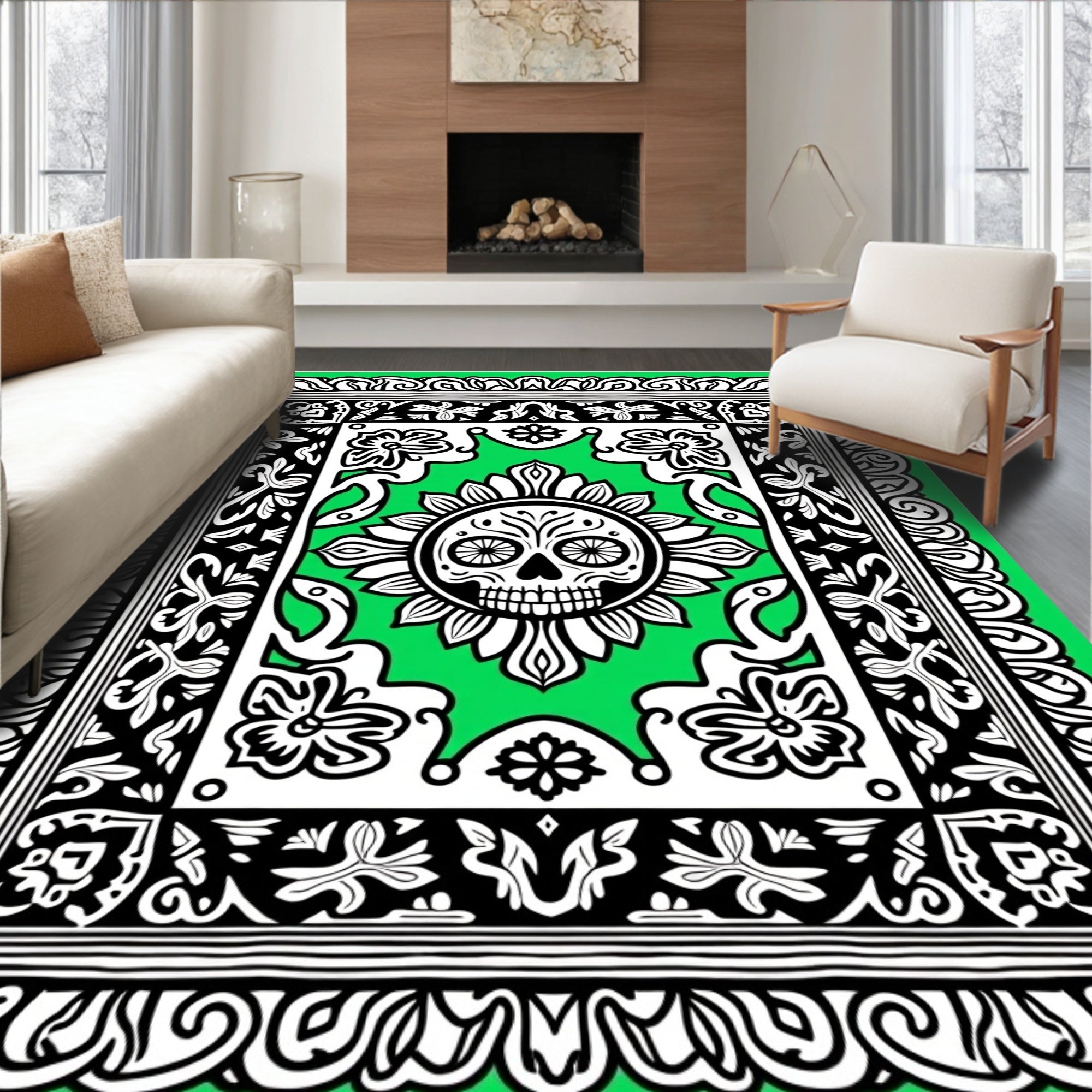 Vibrant Black White Skull Sun Rug