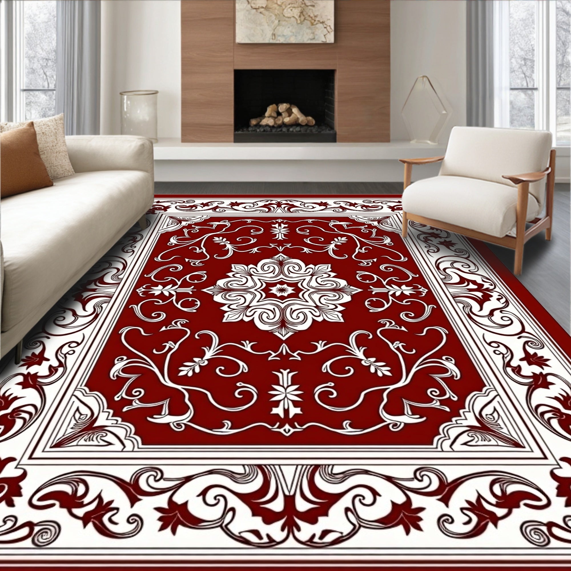 Rich Burgundy Floral Scroll Medallion Rug