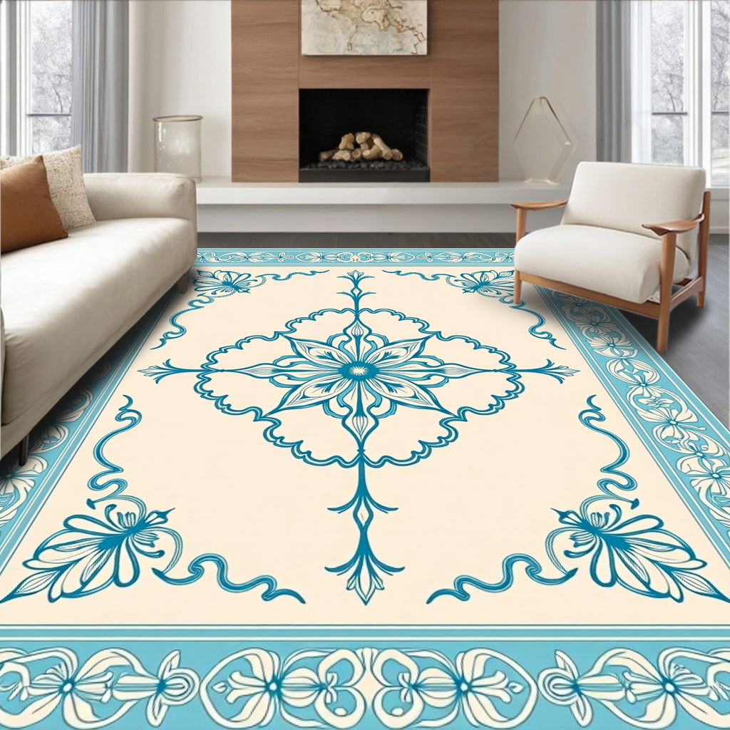 Cerulean Blue Floral Medallion Border Rug