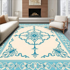 Cerulean Blue Floral Medallion Border Rug