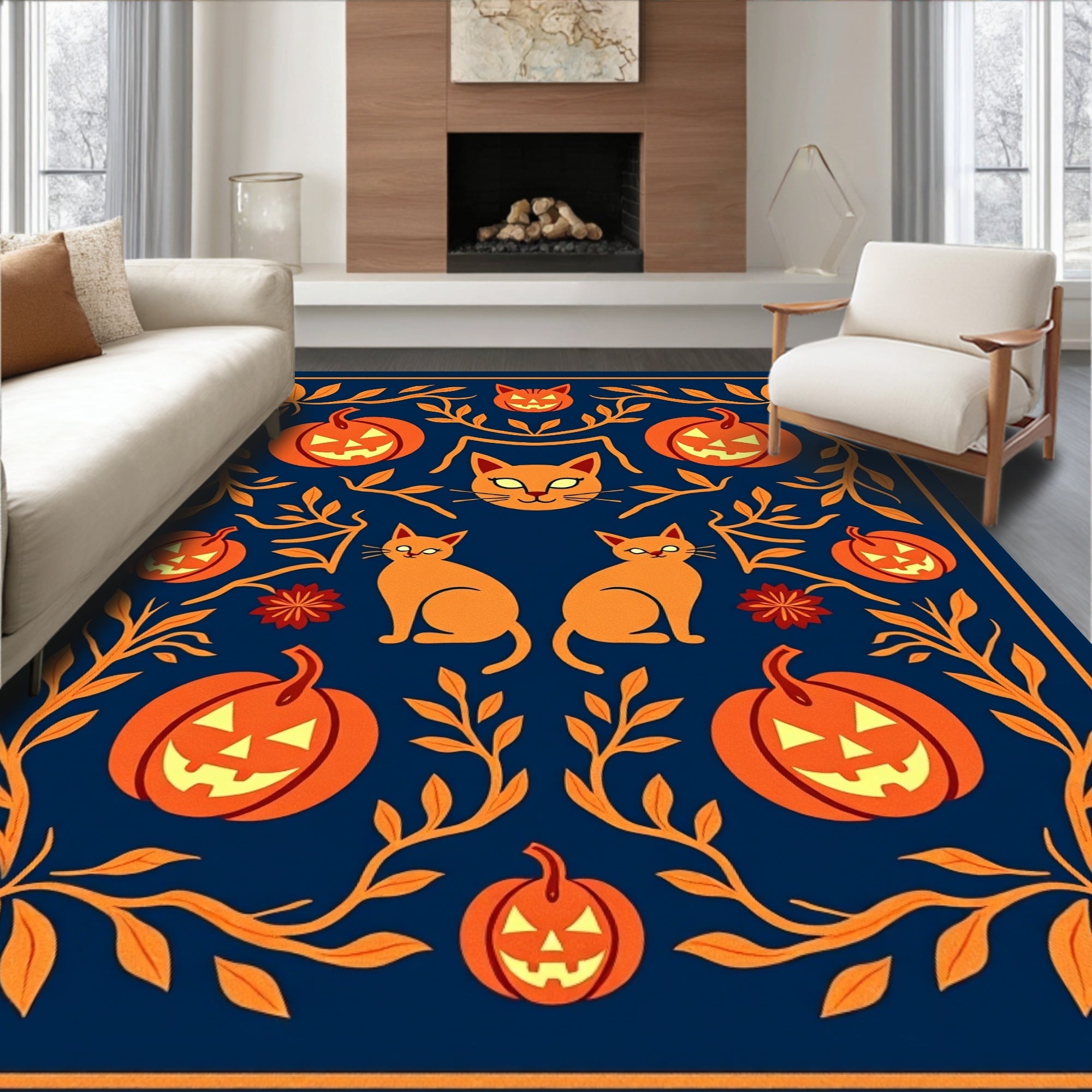 Orange Pumpkin Cats Vintage Folklore Rug
