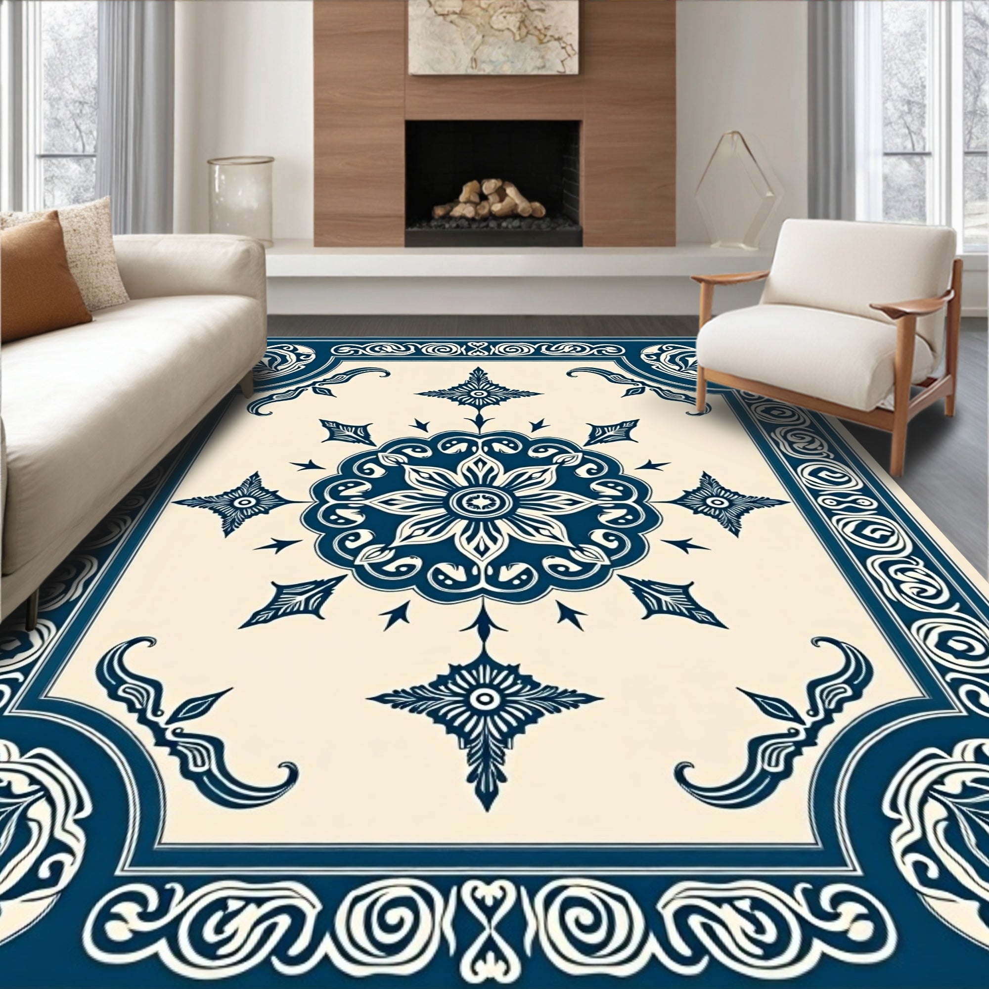 Elegant Navy Cream Medallion Square Rug