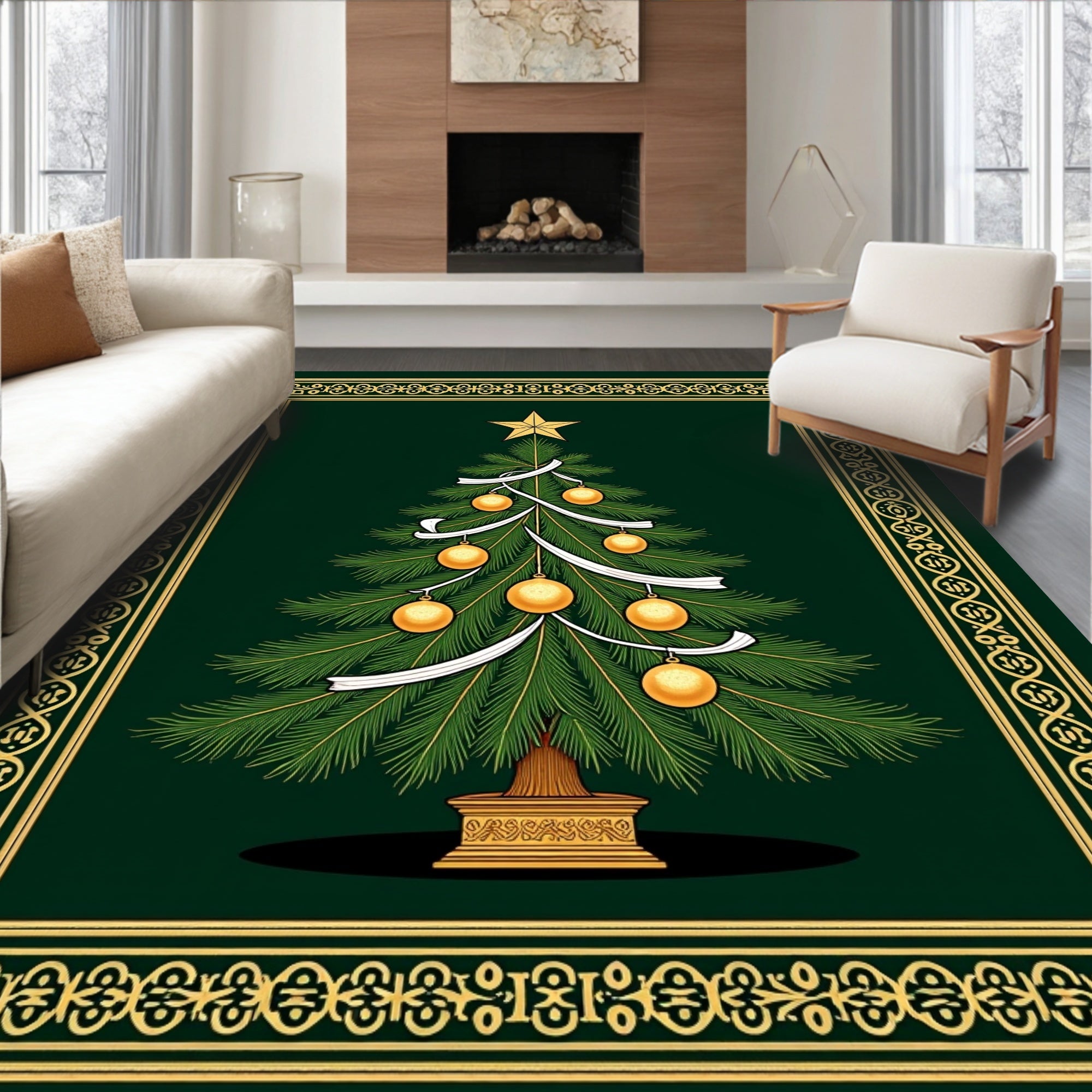 Evergreen Tree Gold Ornament Border Rug