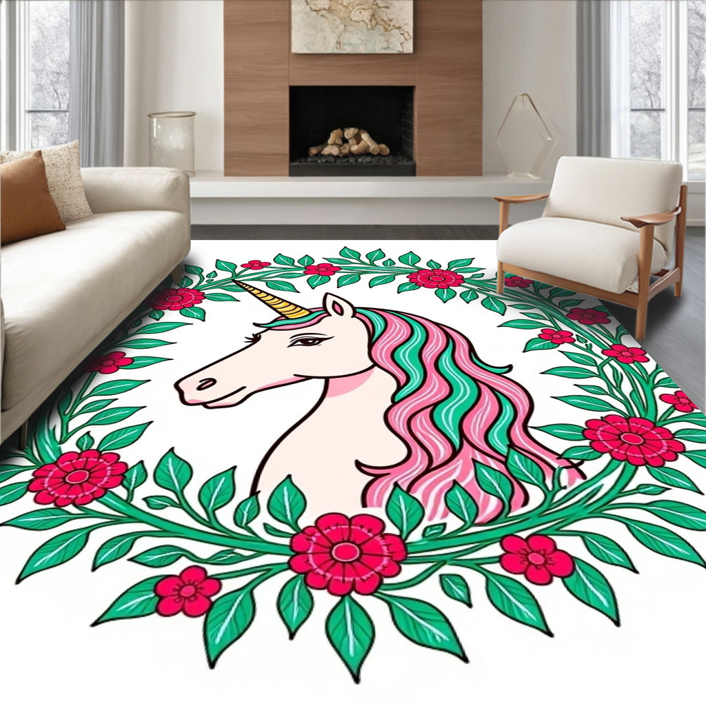 Enchanted Unicorn Floral Wreath Rug