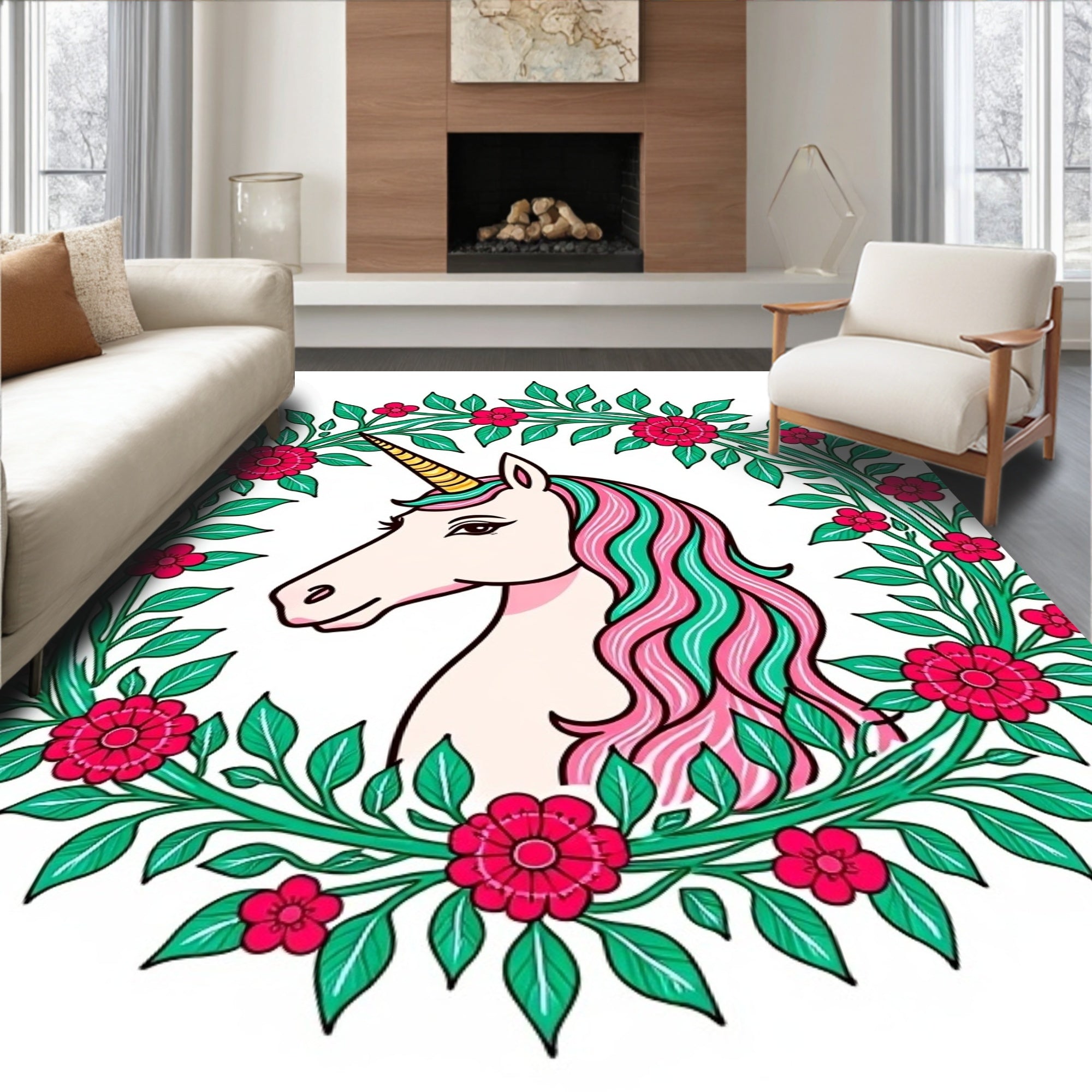 Enchanted Unicorn Floral Wreath Rug
