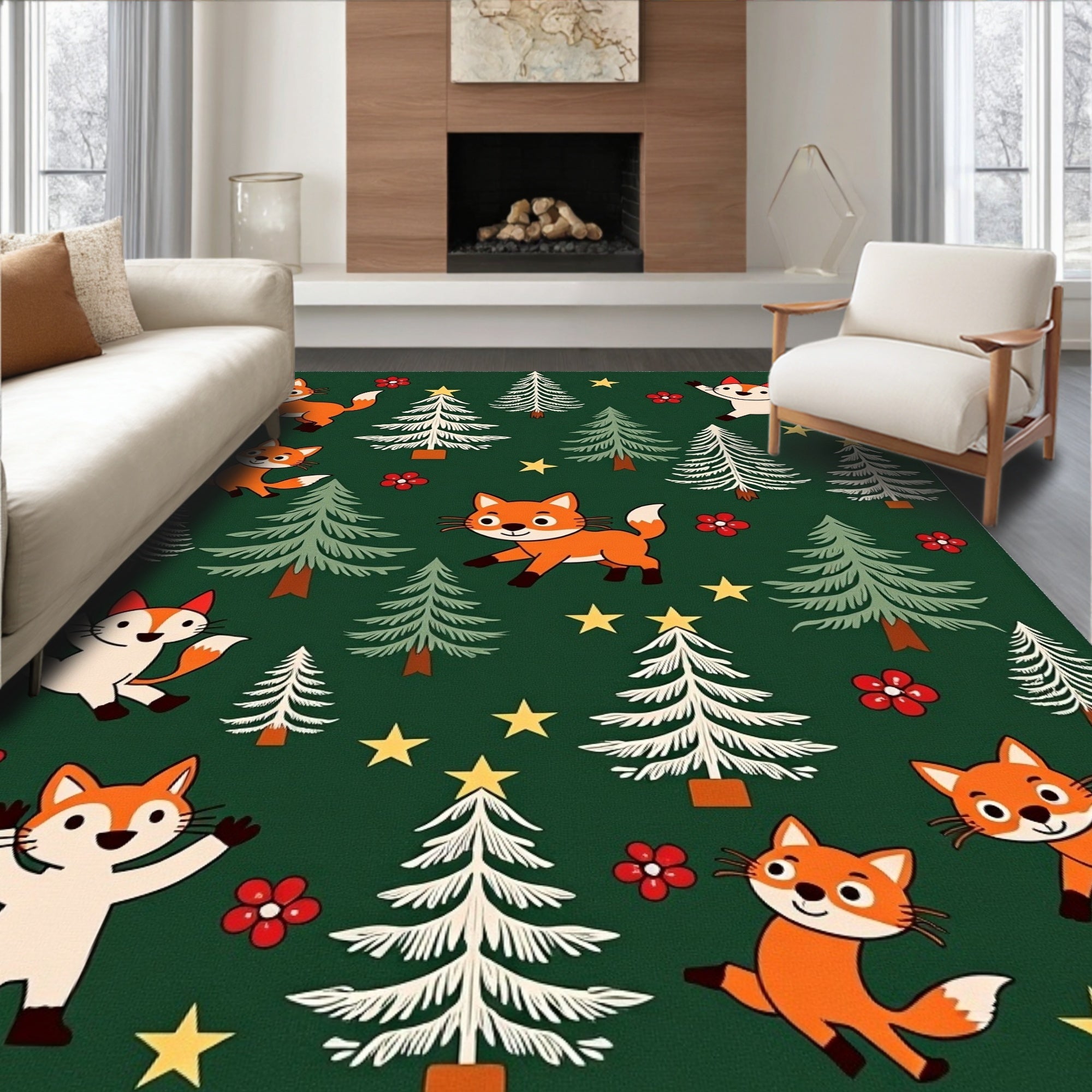 Whimsical Fox Forest Christmas Tree Rug