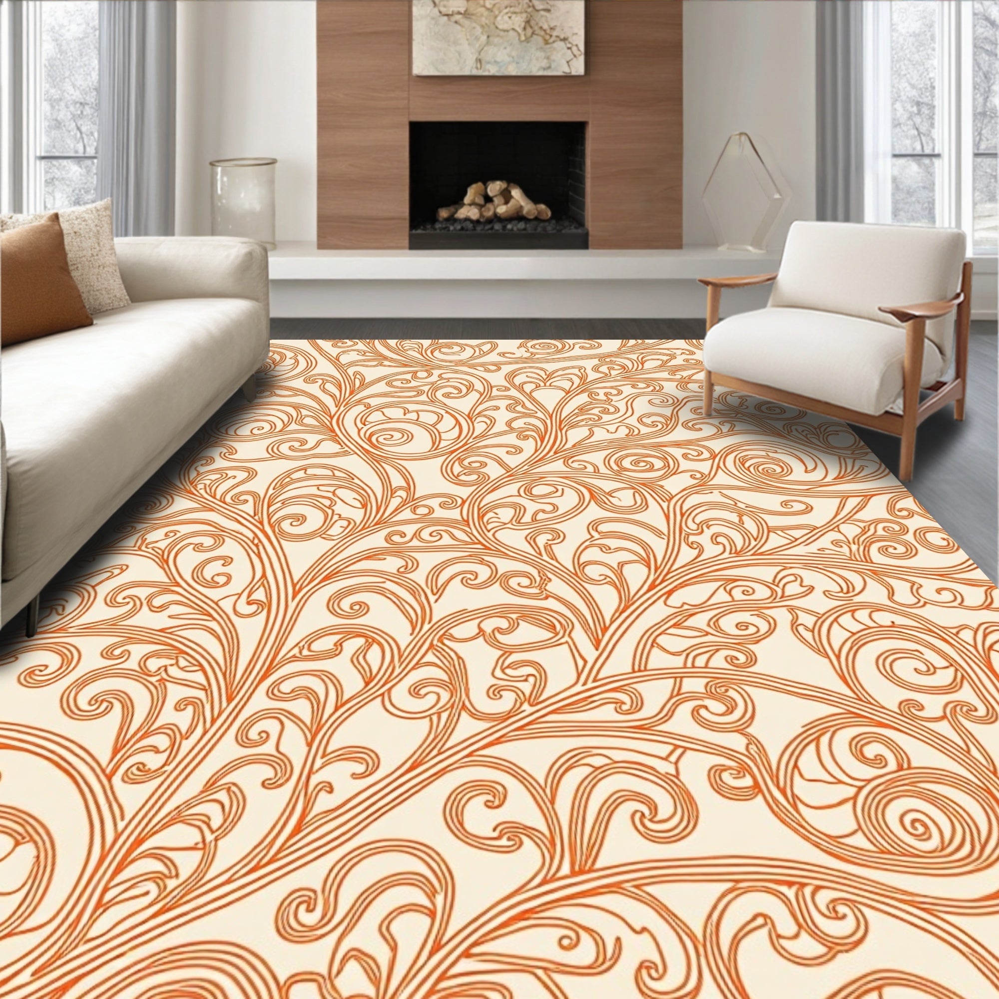 Orange Vine Scrollwork Art Rug