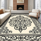 Ornate Ivory Black Scrollwork Medallion Rug