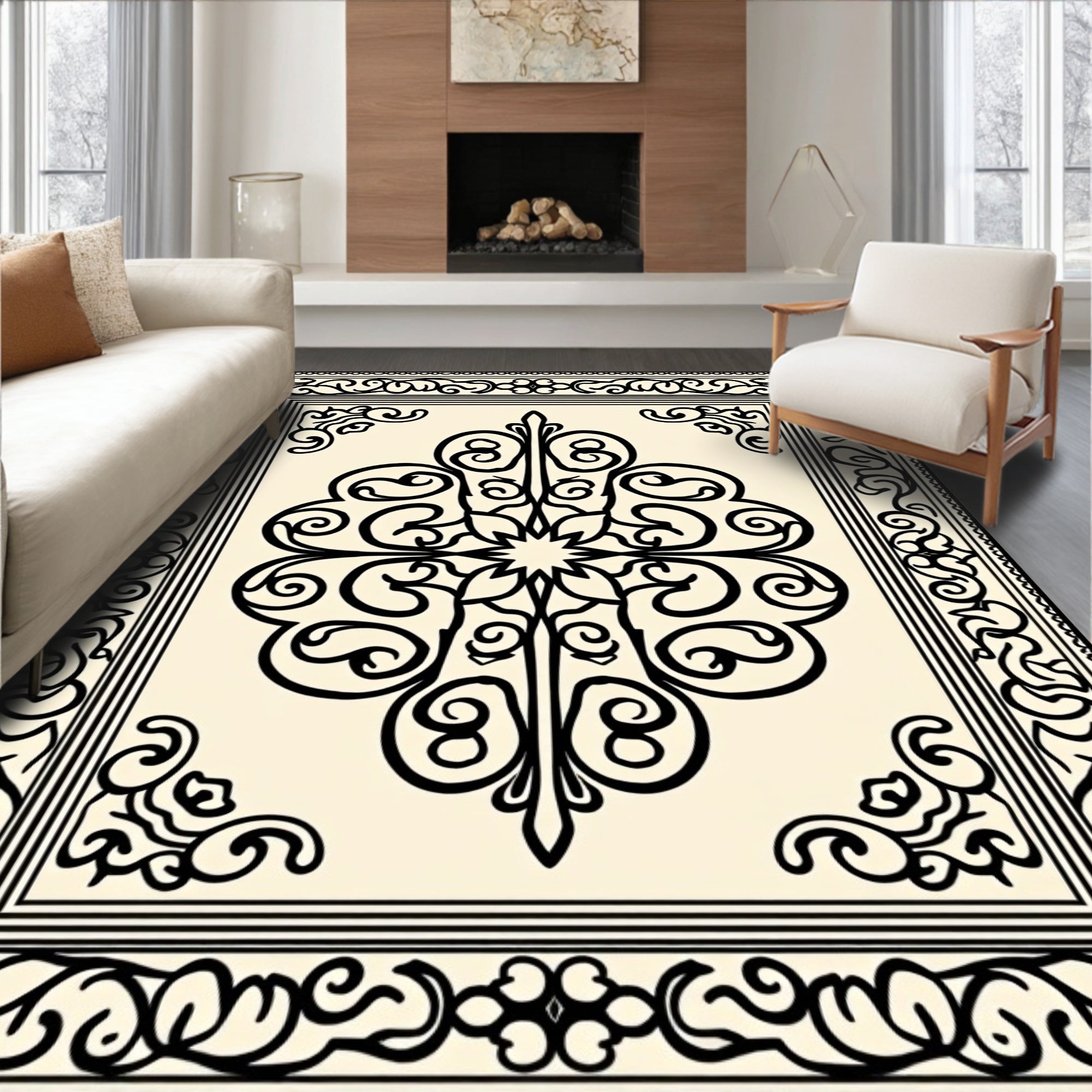 Ornate Ivory Black Scrollwork Medallion Rug