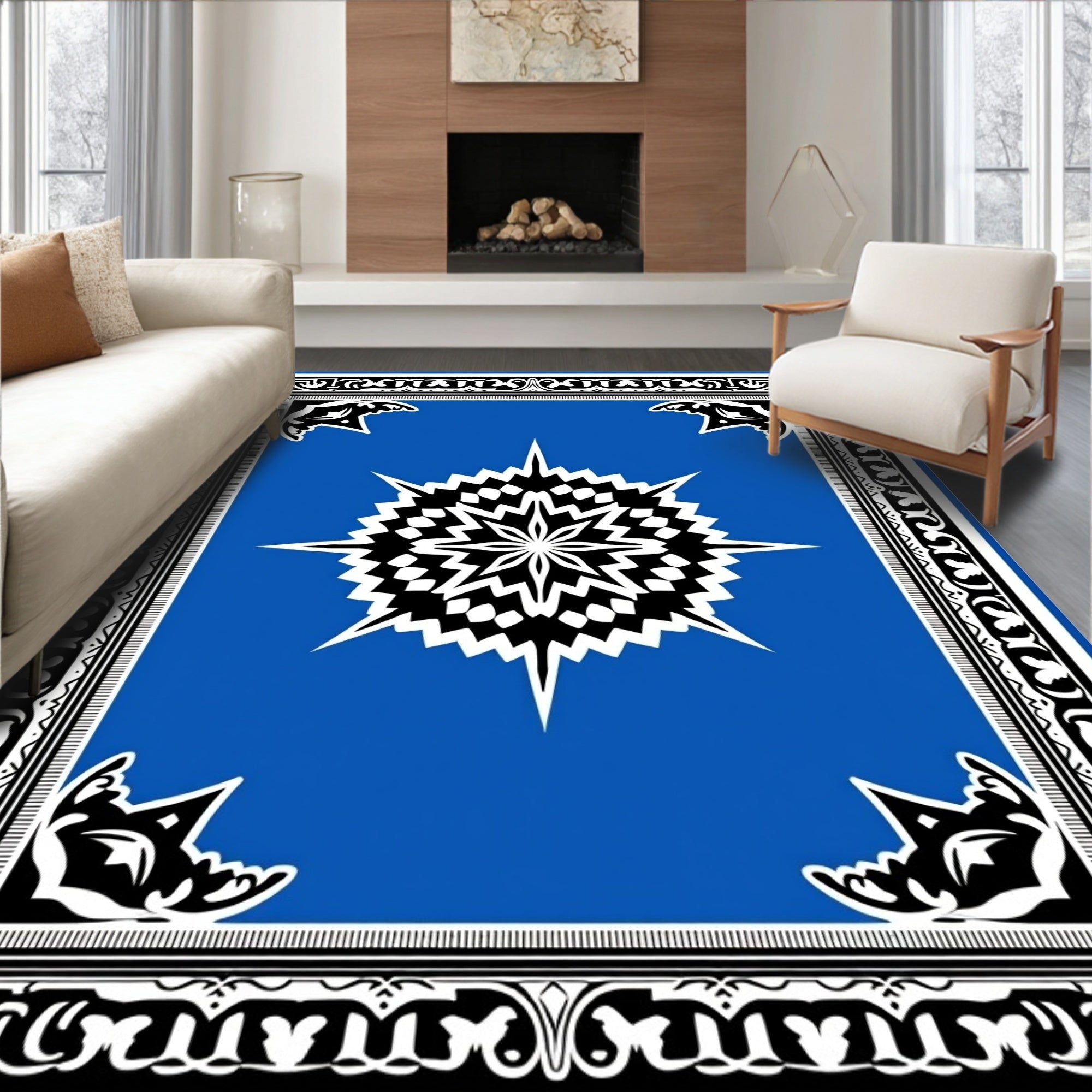 Bold Blue Radiant Starburst Border Rug
