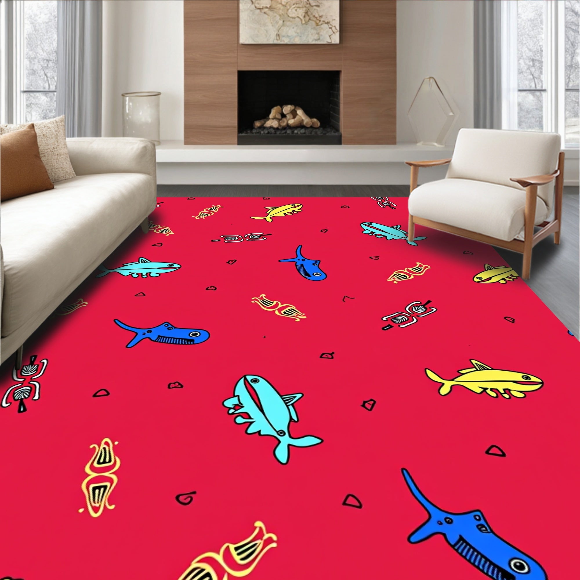 Vibrant Whimsical Fish Blue Yellow Red Rug