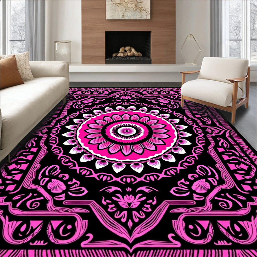 Vibrant Pink Floral Mandala Black Rug