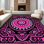 Vibrant Pink Floral Mandala Black Rug