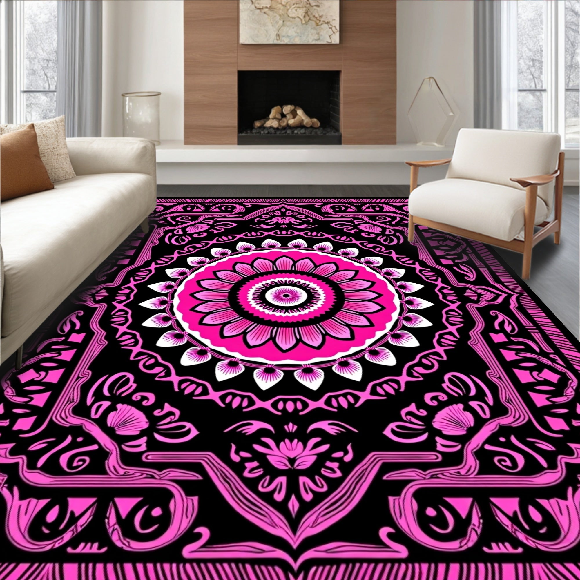 Vibrant Pink Floral Mandala Black Rug