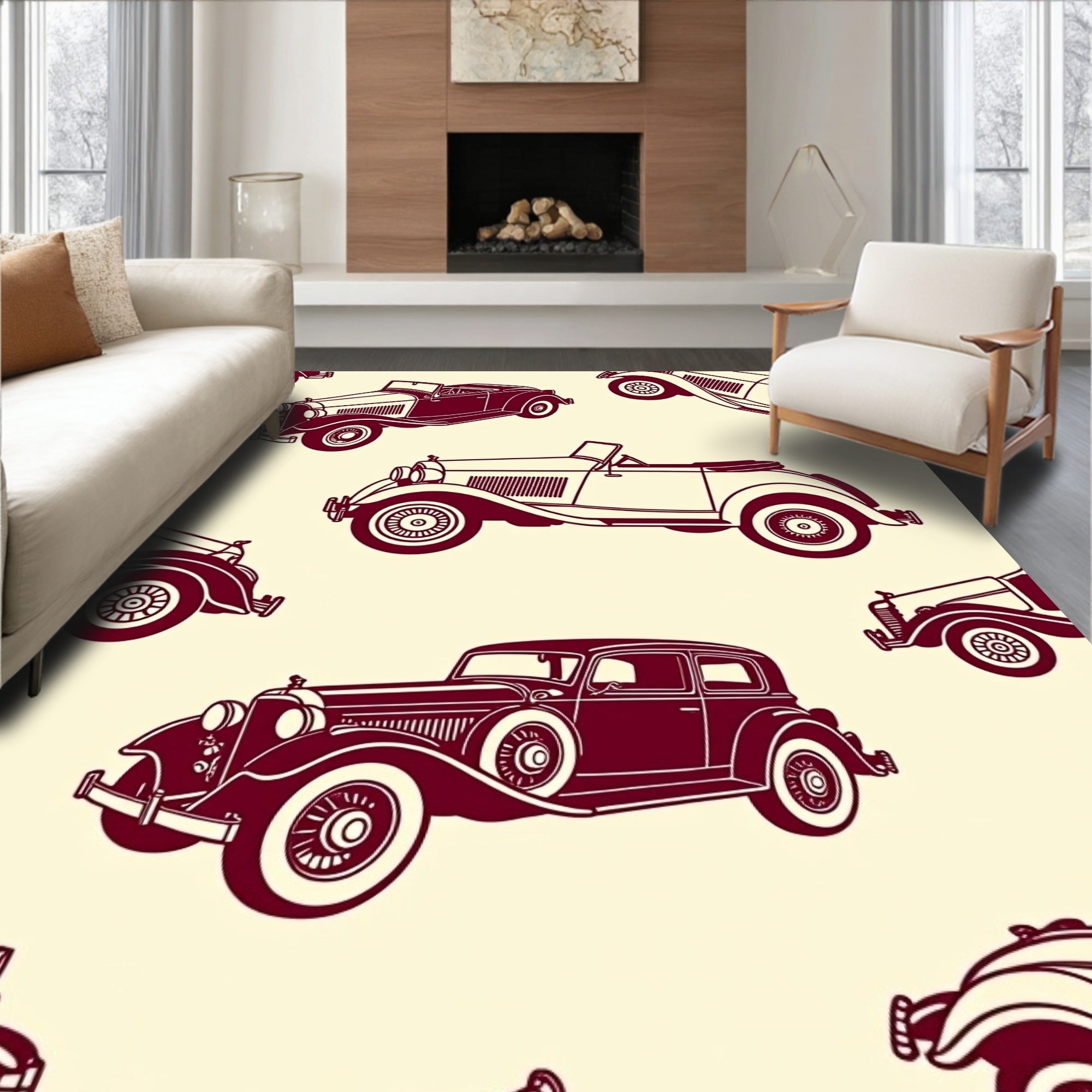 Vintage Crimson Classic Car Collection Rug