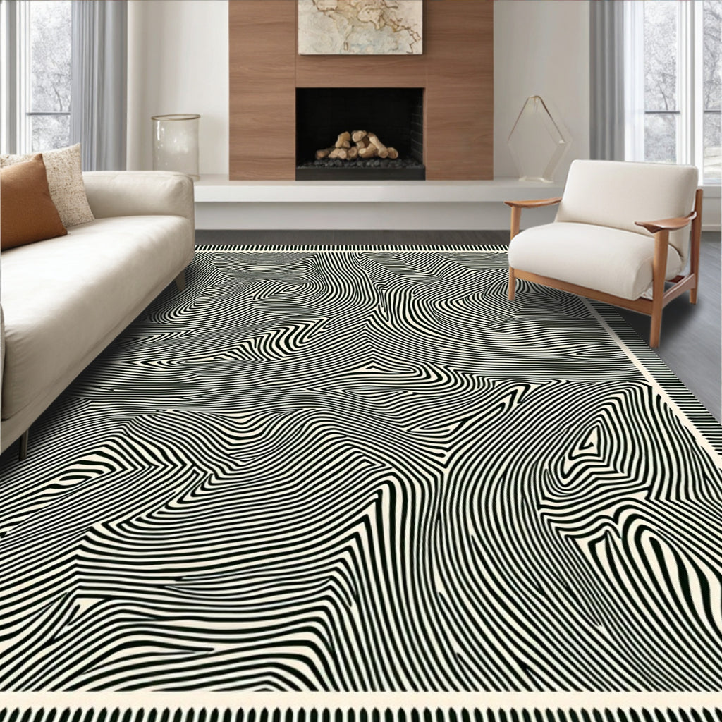 Black White Abstract Topographical Lines Rug
